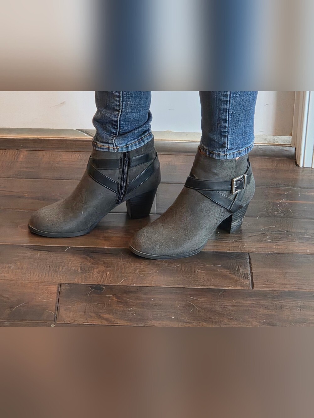 Women's Gray Suede Ankle Boot with Buckle Detail